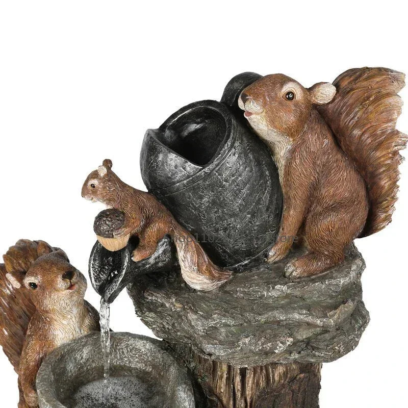 Solar Decorative Duck & Squirrel Water Fountain - Weatherproof Resin Garden Figurine with LED Light for Patio & Balcony