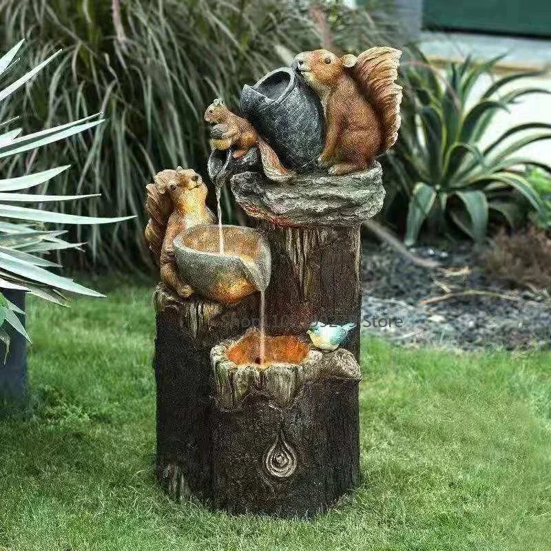 Solar Decorative Fountain Duck & Squirrel | Garden Figurine with LED Light | Weatherproof Resin for Patio & Balcony