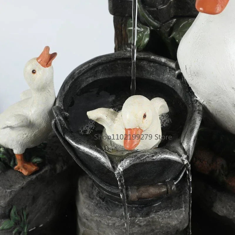 Solar Decorative Fountain Duck & Squirrel | Garden Figurine with LED Light | Weatherproof Resin for Patio & Balcony