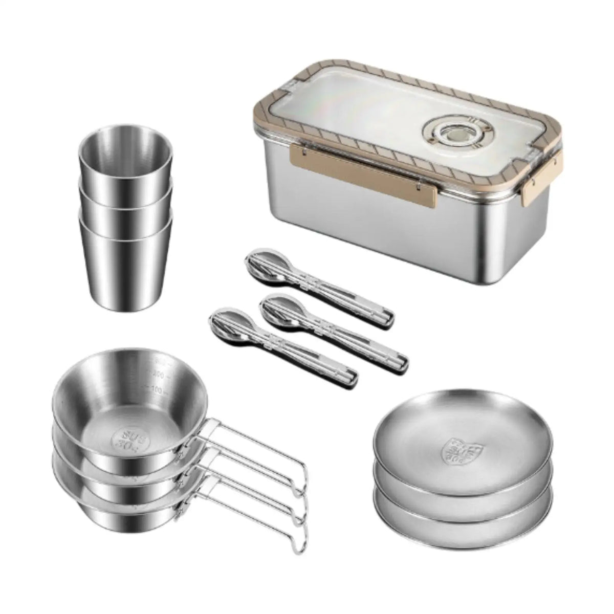 Stainless Steel Camping Tableware Set with Storage Box