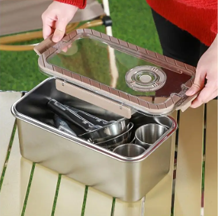 Stainless Steel Camping Tableware Set with Storage Box