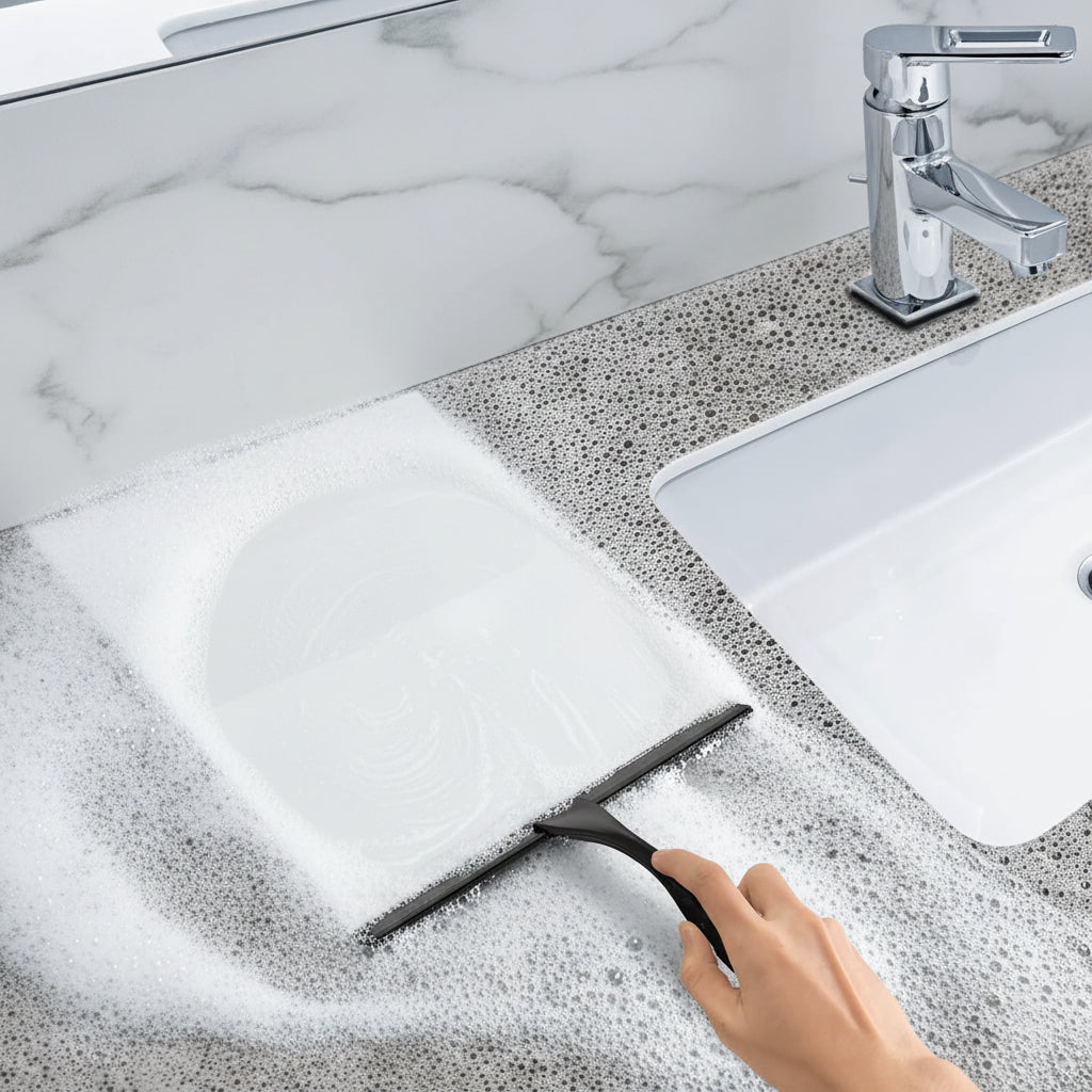 Stainless Steel Shower Squeegee with Silicone Blade and Adhesive Hooks – Ergonomic Design for Streak-Free Cleaning