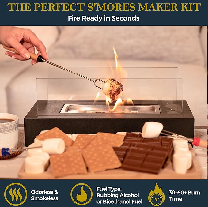 Tabletop Fire Pit with S'mores Maker Kit - Portable Indoor & Outdoor Mini Fireplace