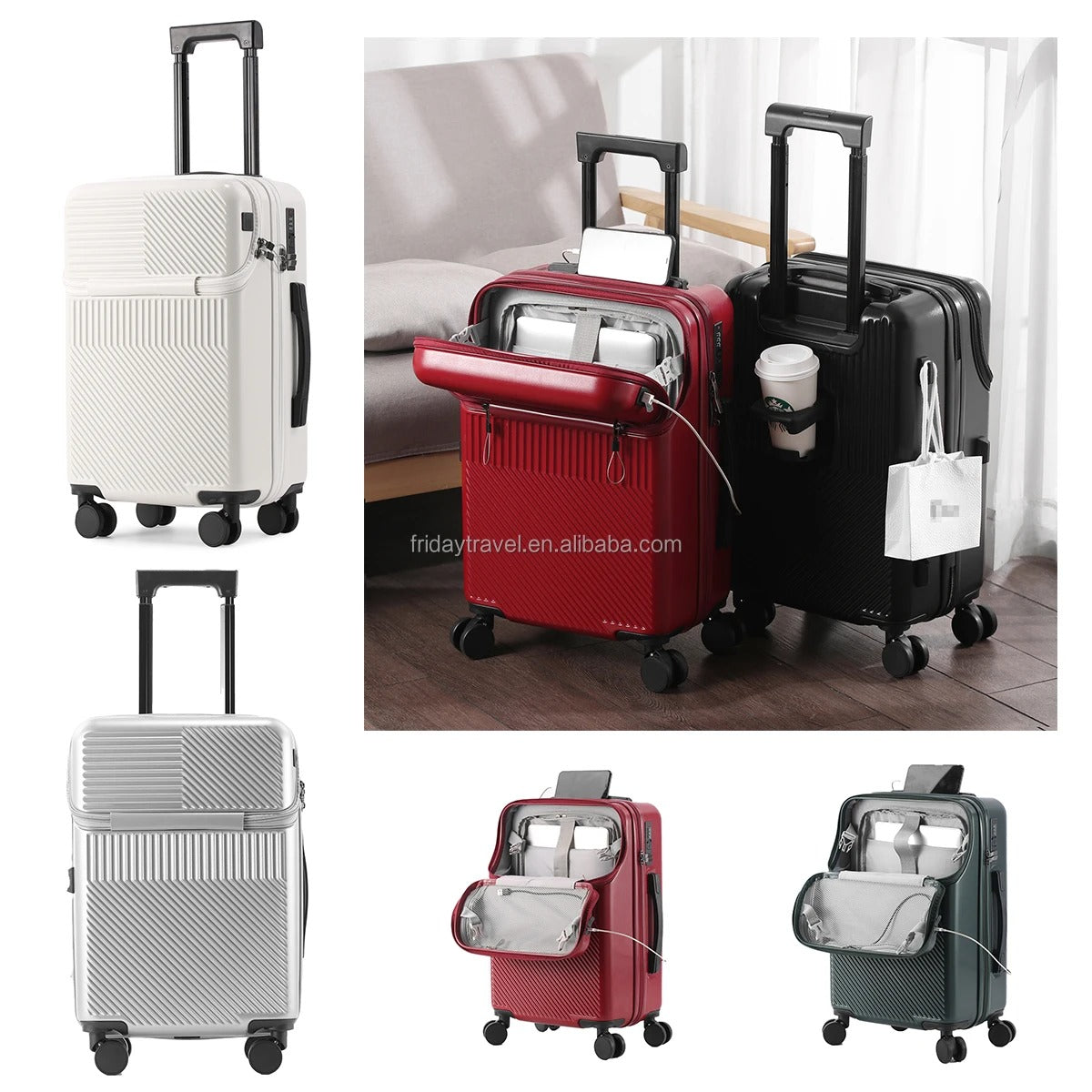 Unisex Carry-On Suitcase with USB Port, Cup Holder and TSA Lock