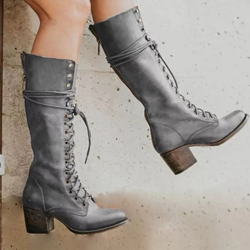 Women's Black Lace-Up Knee-High Boots
