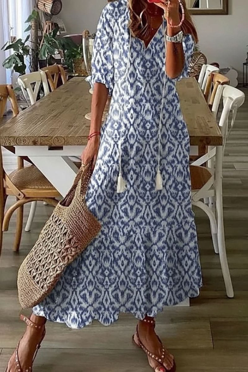 Women's Bohemian Floral Maxi Evening Gown with V-Neck and Adjustable Waist