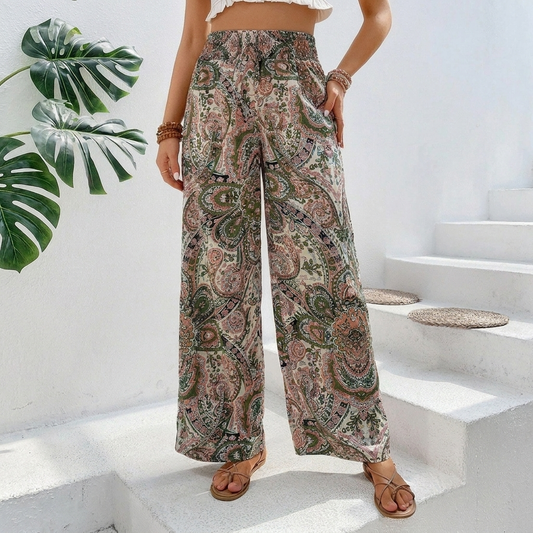 Women's Bohemian Wide-Leg Trousers with Slanted Pockets