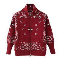 Women's Chunky-Knit Zip-Up Cardigan with Paisley Jacquard, Stand Collar and Pockets