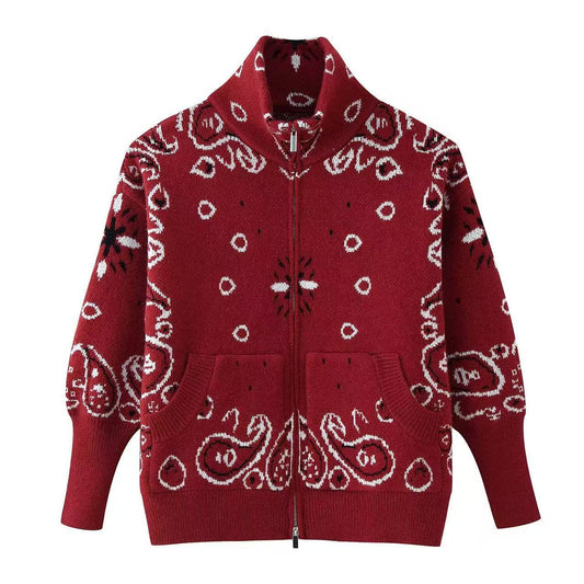 Women's Chunky-Knit Zip-Up Cardigan with Paisley Jacquard, Stand Collar and Pockets