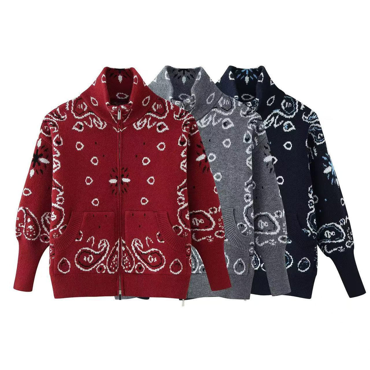 Women's Chunky-Knit Zip-Up Cardigan with Paisley Jacquard, Stand Collar and Pockets