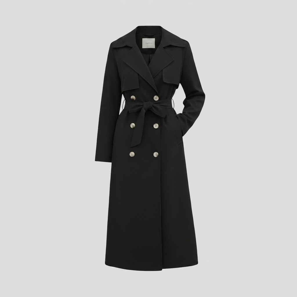 Women's Classic Long Trench Coat with Belt and Button Front