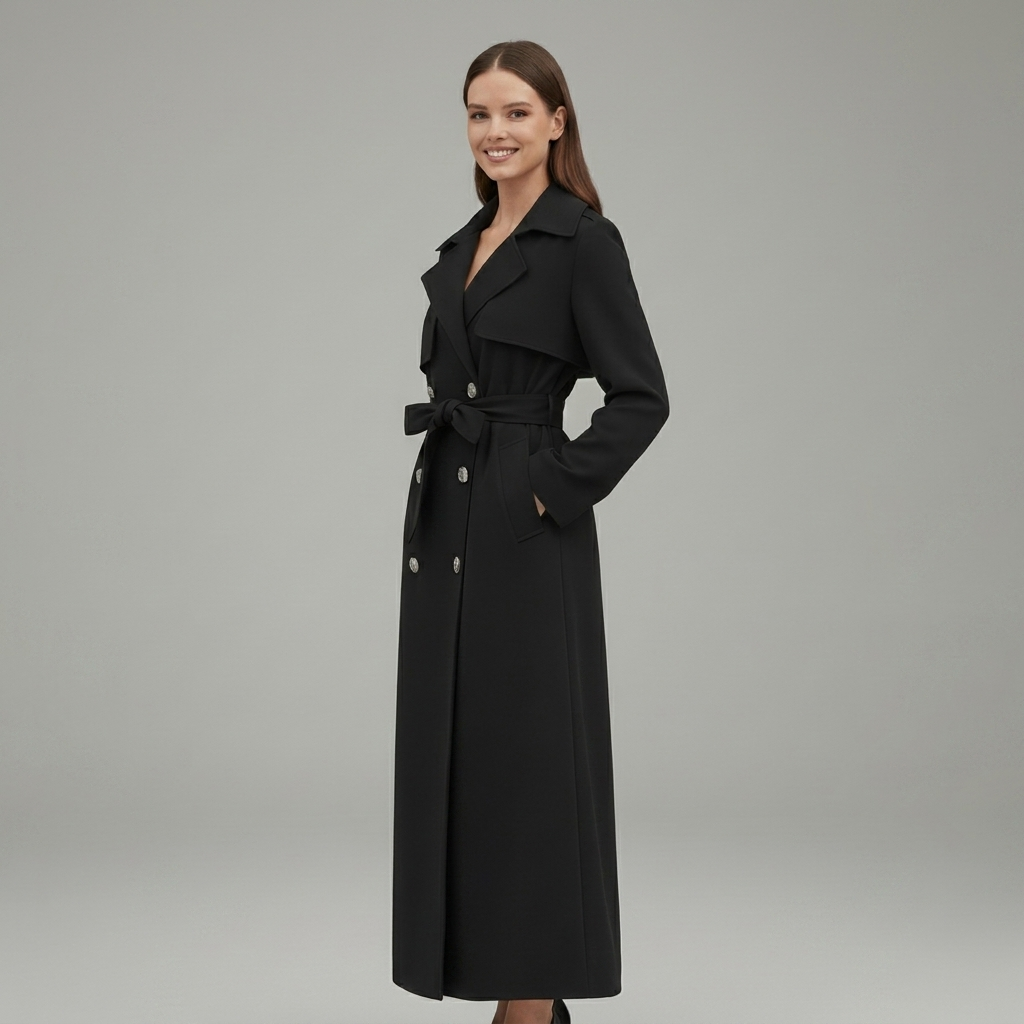 Women's Classic Long Trench Coat with Belt and Button Front