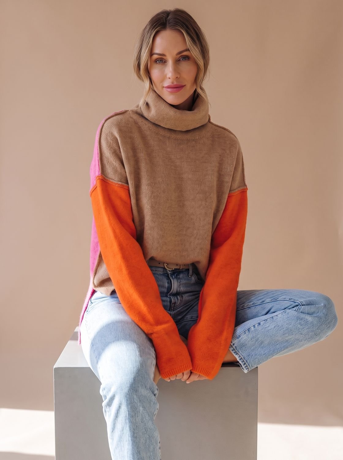 Women's Colorblock Turtleneck Relaxed-Fit Sweater