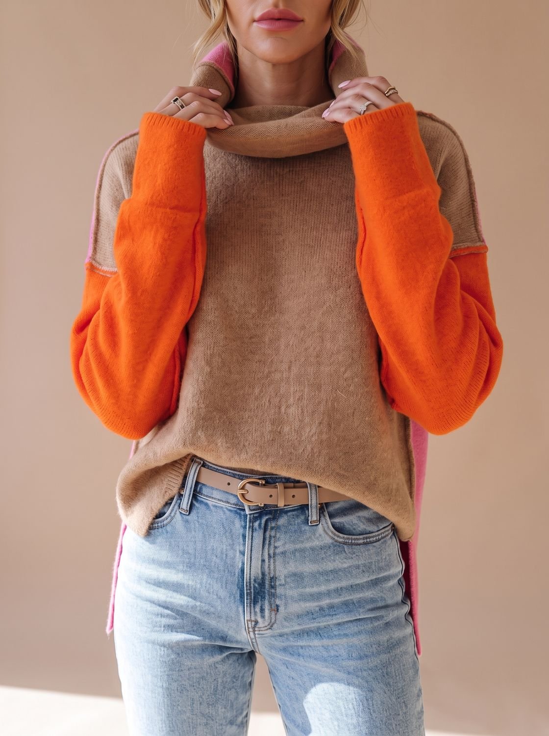 Women's Colorblock Turtleneck Relaxed-Fit Sweater
