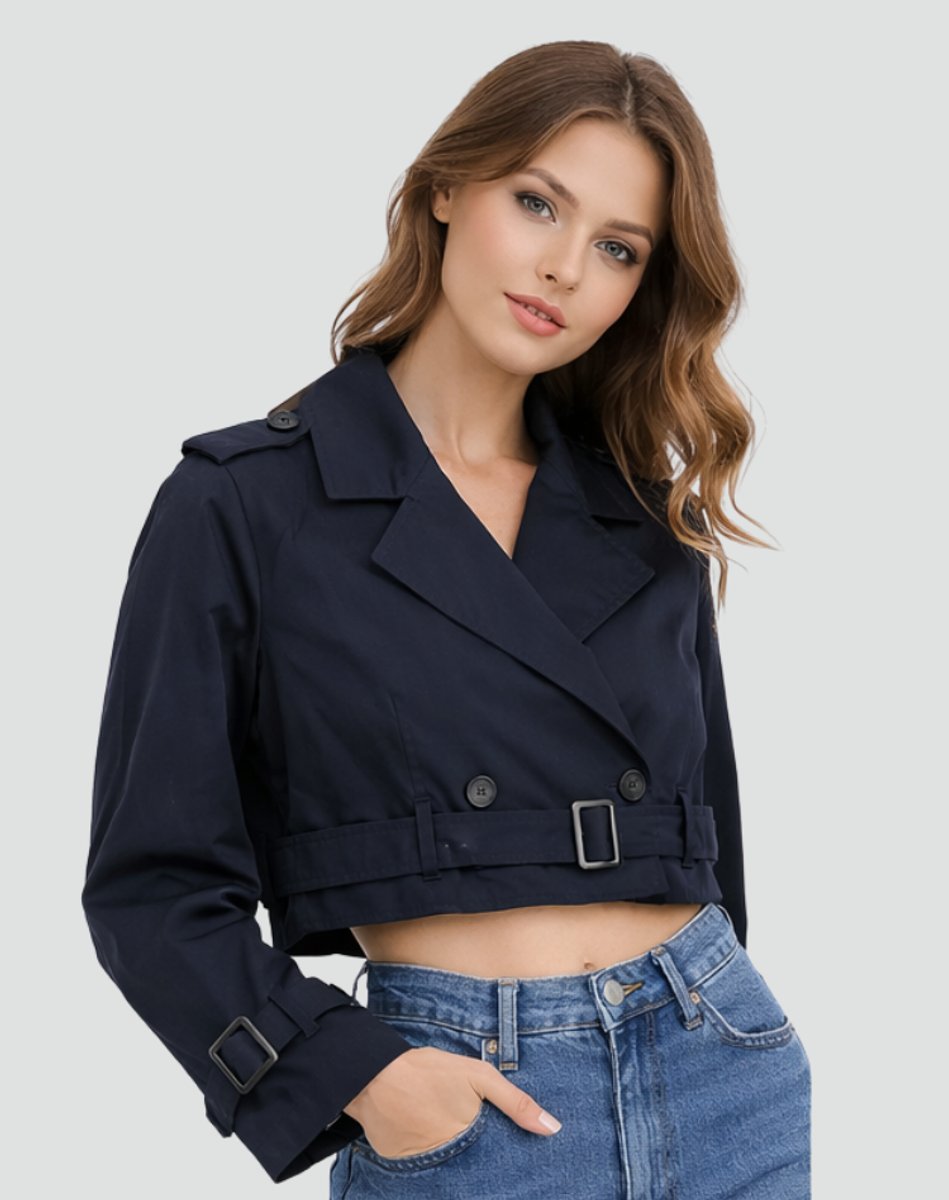 Women's Cropped Double-Breasted Belted Trench Jacket