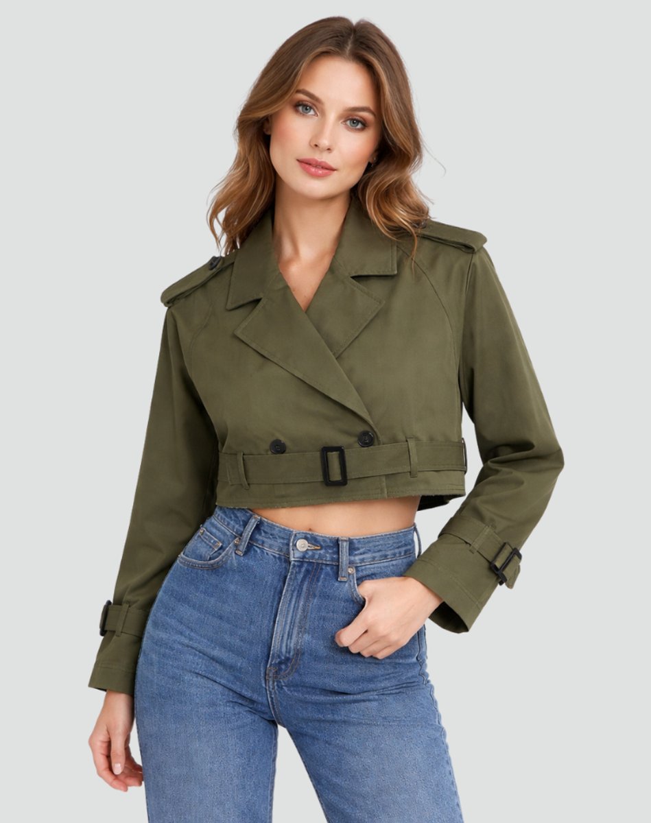 Women's Cropped Double-Breasted Belted Trench Jacket