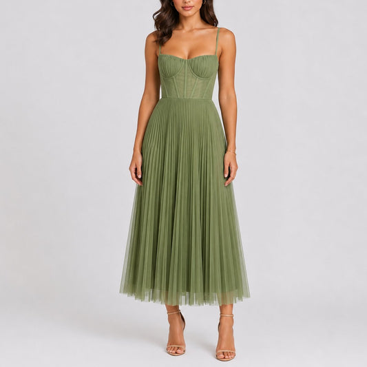 Women's Fall Wedding Guest Pleated Midi Corset Dress