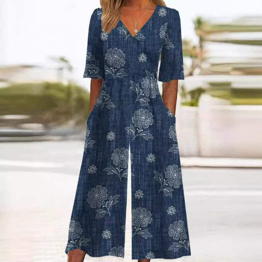Women's Floral V-Neck Elbow-Sleeve Wide-Leg Palazzo Jumpsuit
