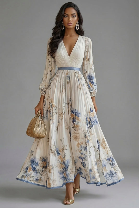 Women's Floral V-Neck Long Sleeve Pleated Maxi Dress