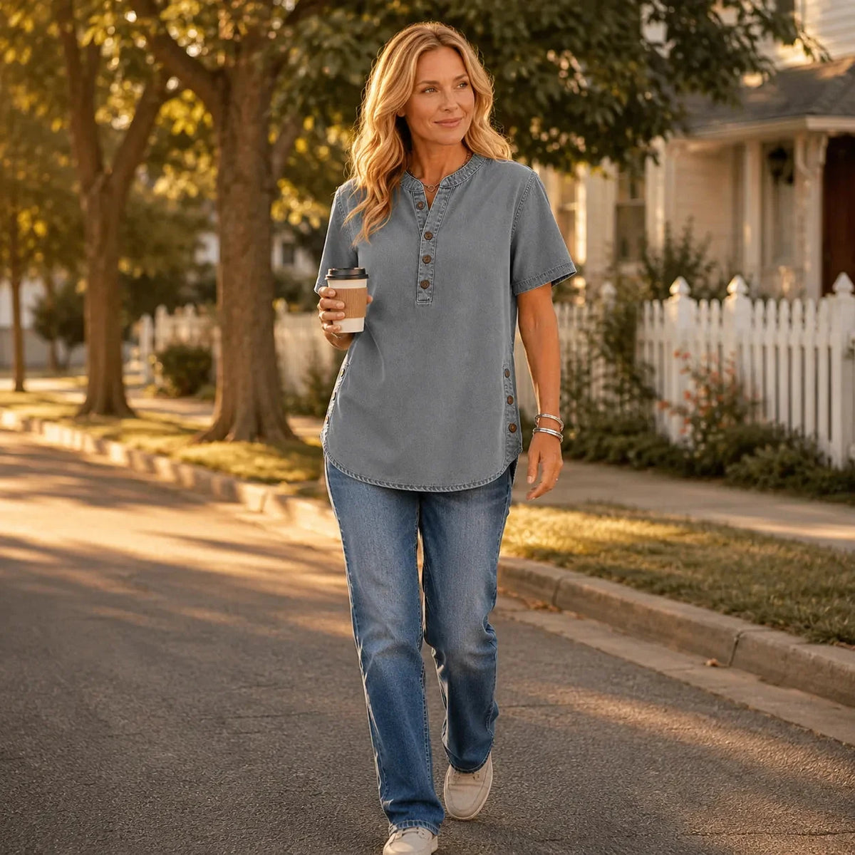 Women's Henley Tunic Top with Side Buttons