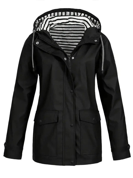 Women's Hooded Waterproof Striped-Lined Zip-Up Raincoat