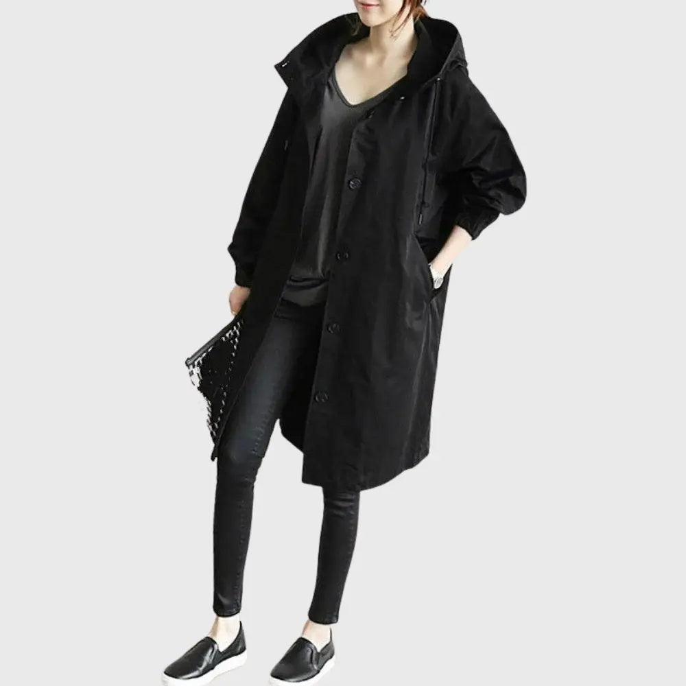 Women's Long Hooded Waterproof Trench Raincoat