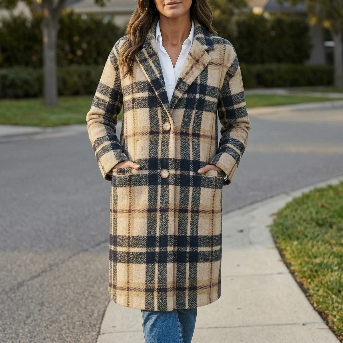 Women's Long Plaid Lapel Coat