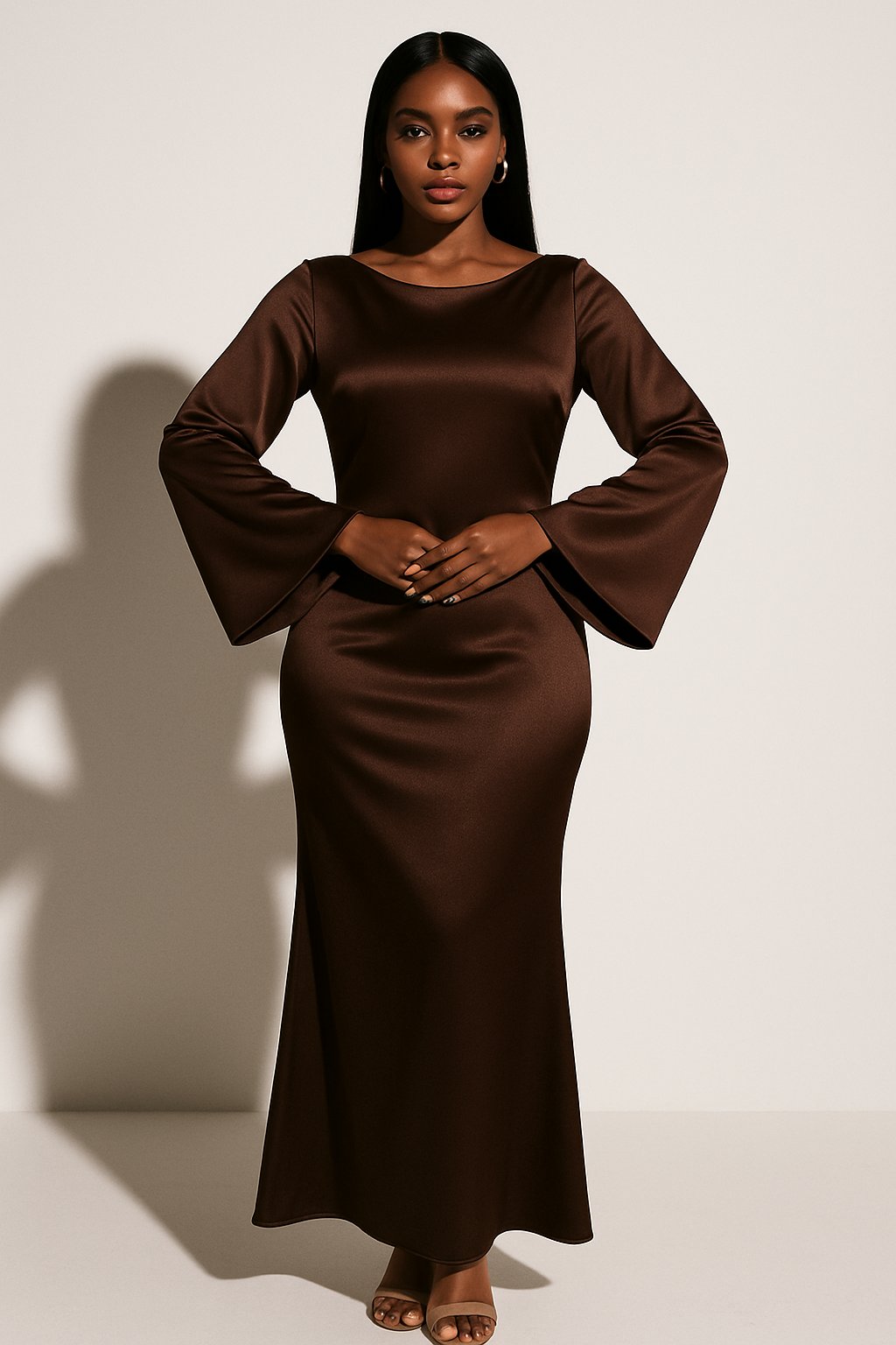 Women's Long-Sleeve Scoop-Neck Fishtail Maxi Dress