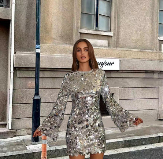 Women's Long Sleeve Sequin Mini Cocktail Dress