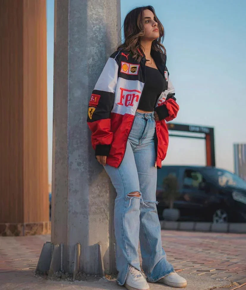 Women's Oversized Racing Jacket - Colorblock Motorsport Style with Pat ...