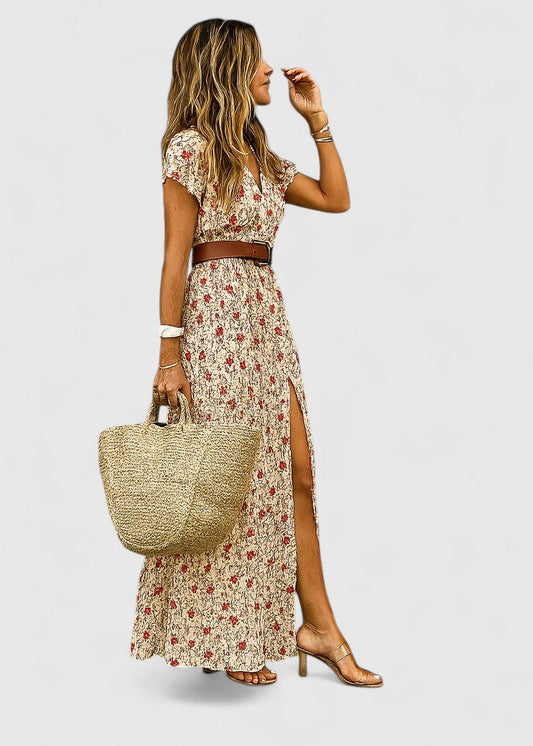 Women's Paisley Print V-Neck Short Sleeve Belted Boho Maxi Dress