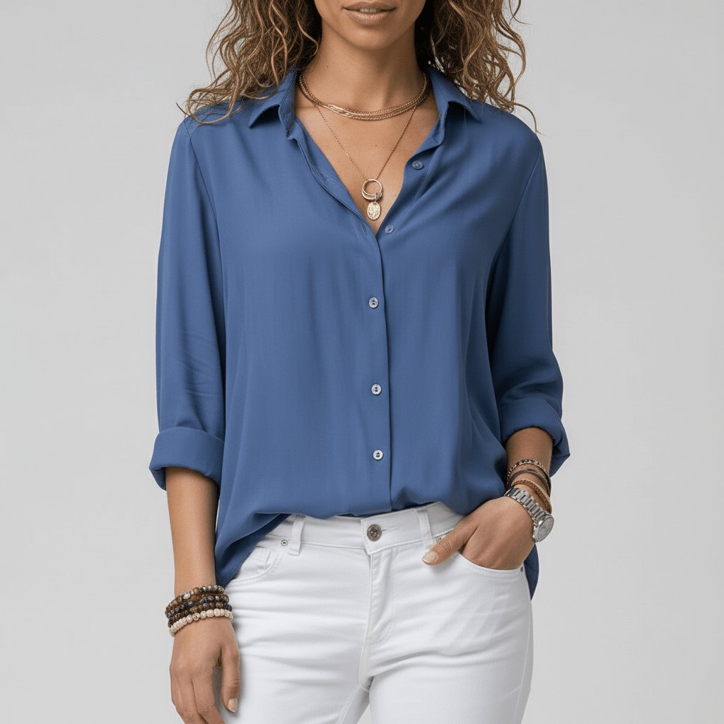 Women's Relaxed-Fit Button-Up Long Sleeve Collared Blouse