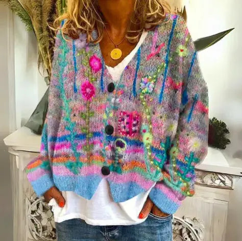 Women's Relaxed-Fit Cardigan with Abstract Floral Print