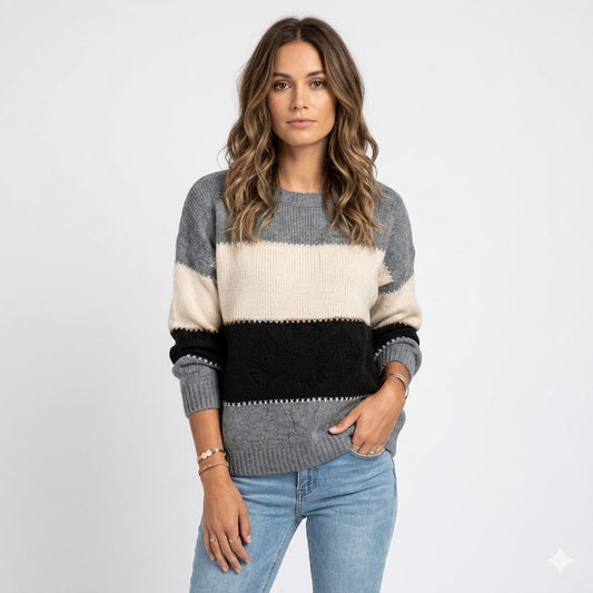 Women's Relaxed Fit Crew Neck Sweater with Cuffs