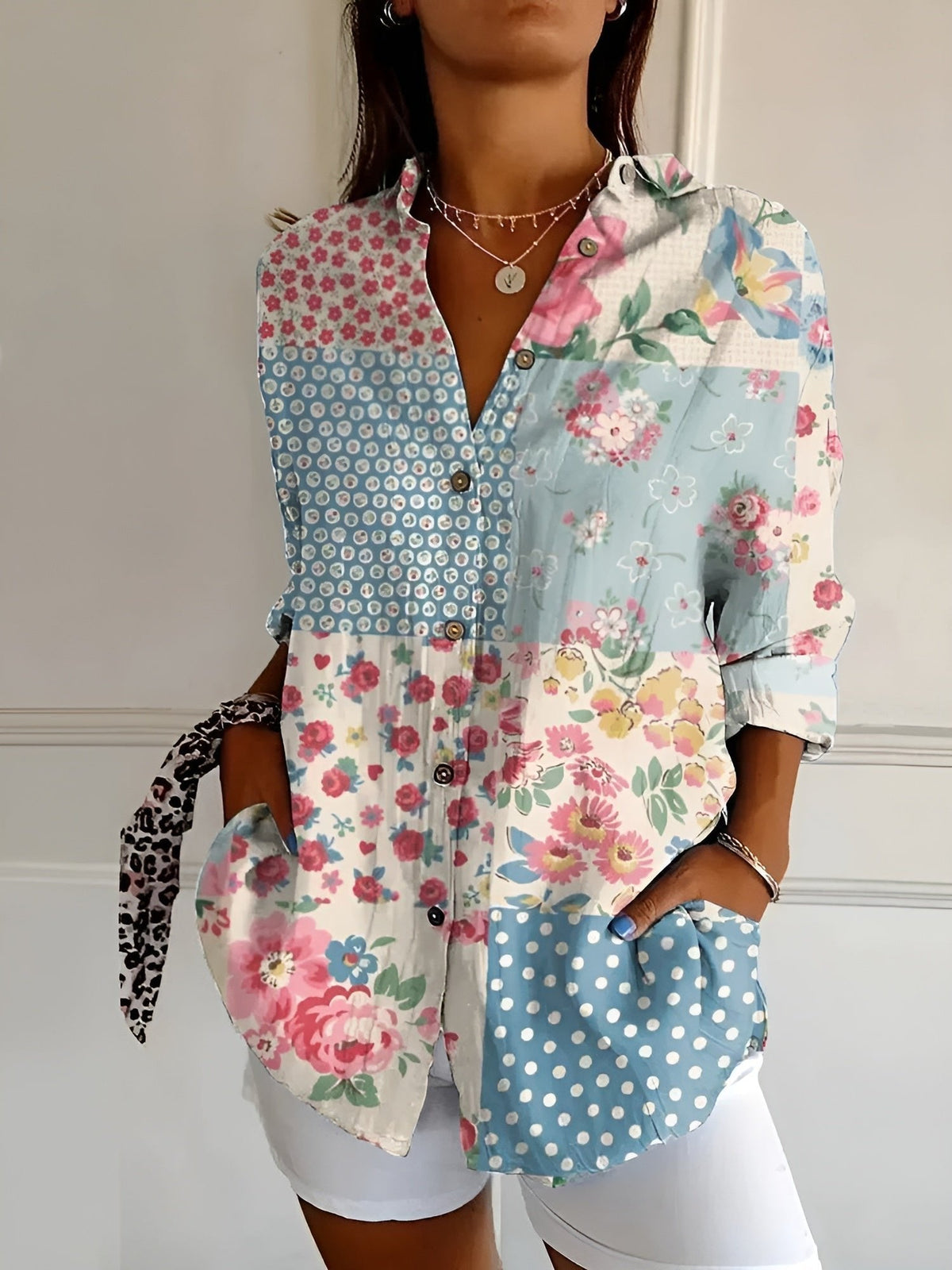 Women's Relaxed-Fit Floral Button-Down Long-Sleeve Blouse
