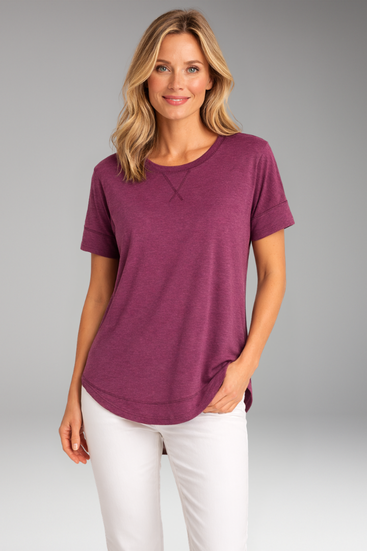 Women's Relaxed Fit Round Neck T-Shirt with Curved Hem