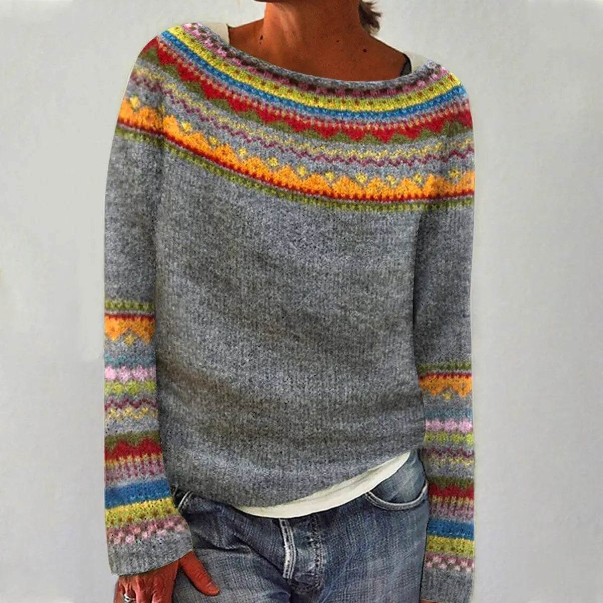 Women's Relaxed-Fit Sweater with Wide Collar and Scandinavian Pattern