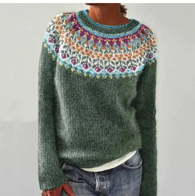 Women's Relaxed-Fit Sweater with Wide Collar and Scandinavian Pattern