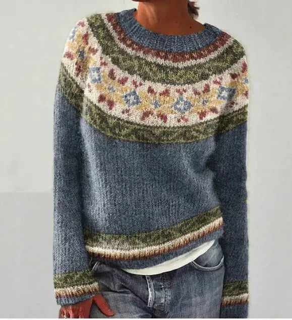 Women's Relaxed-Fit Sweater with Wide Collar and Scandinavian Pattern