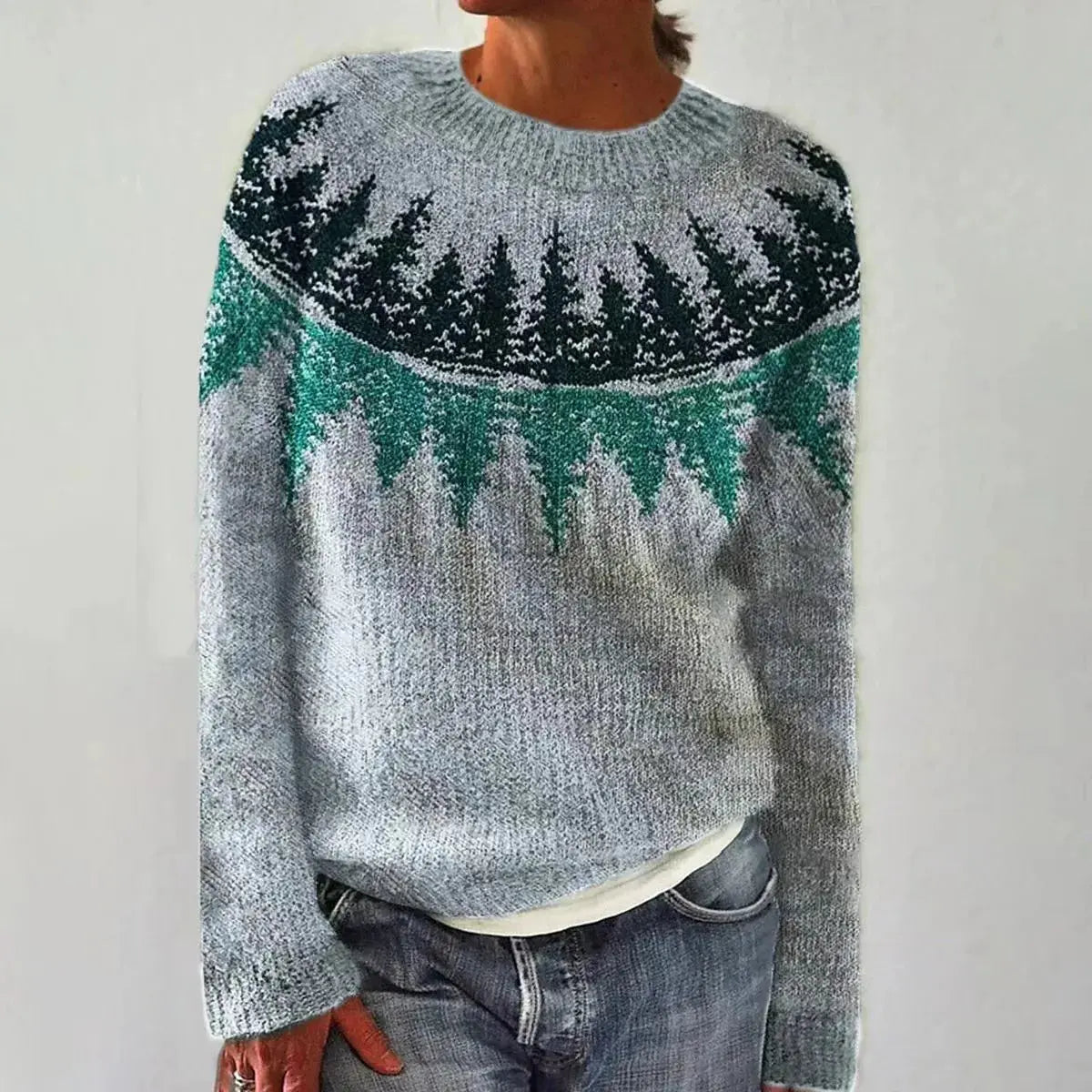 Women's Relaxed-Fit Sweater with Wide Collar and Scandinavian Pattern