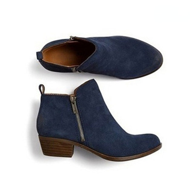 Women's Round Toe Ankle Boots with Low Block Heel and Side Zip