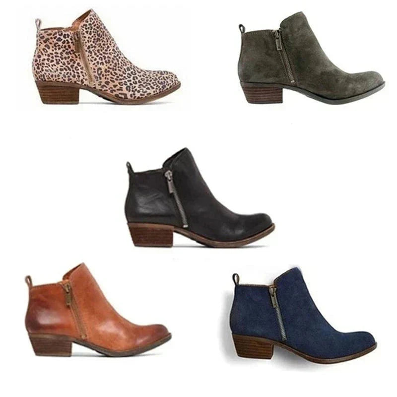 Women's Round Toe Ankle Boots with Low Block Heel and Side Zip
