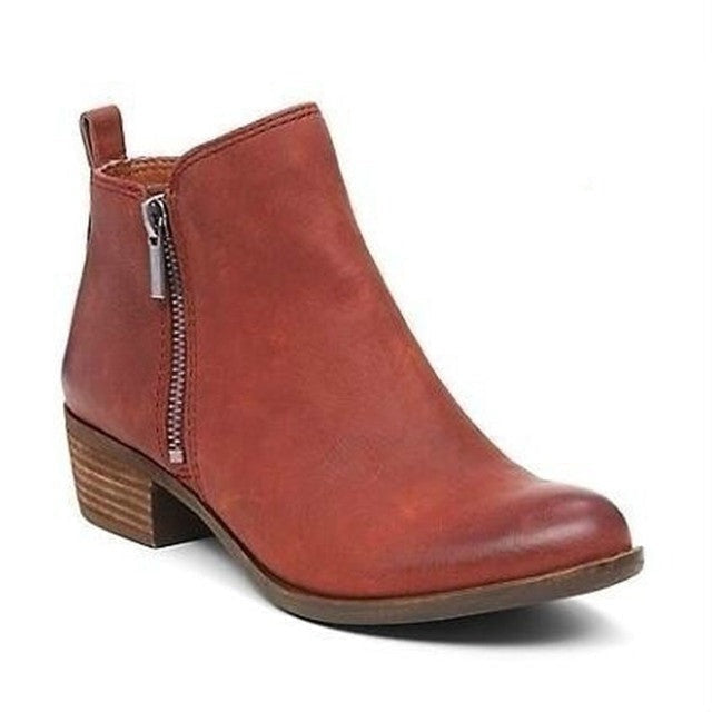 Women's Round Toe Ankle Boots with Low Block Heel and Side Zip