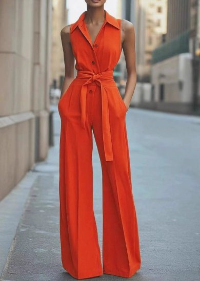 Women's Sleeveless Belted Wide-Leg Button-Front Jumpsuit
