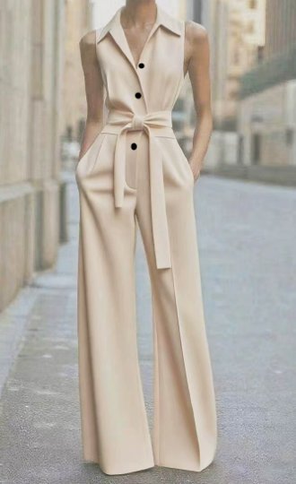Women's Sleeveless Belted Wide-Leg Button-Front Jumpsuit