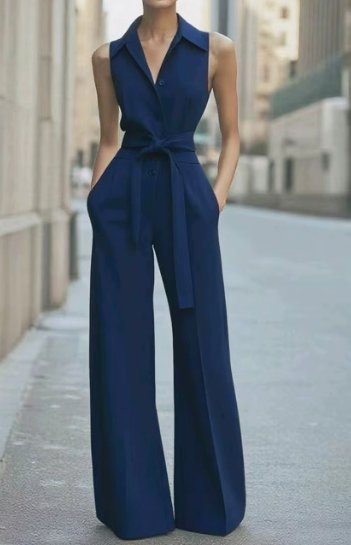Women's Sleeveless Belted Wide-Leg Button-Front Jumpsuit