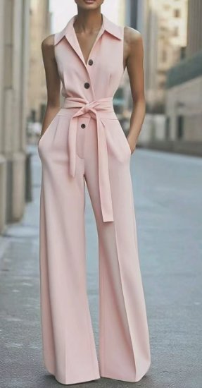 Women's Sleeveless Belted Wide-Leg Button-Front Jumpsuit
