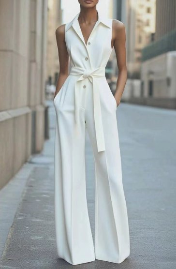 Women's Sleeveless Belted Wide-Leg Button-Front Jumpsuit