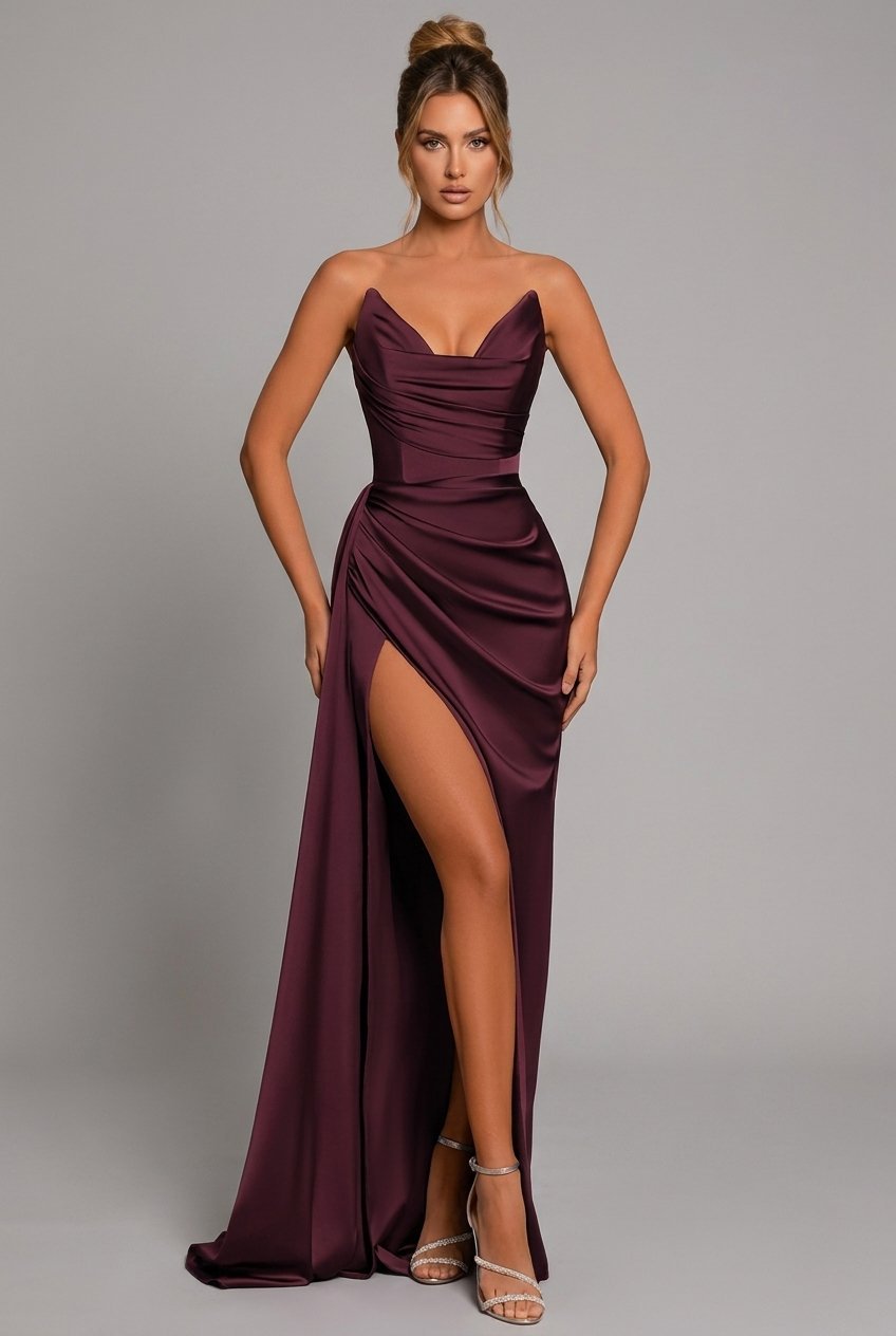 Women's Strapless Ruched Sweetheart High-Slit Maxi Dress