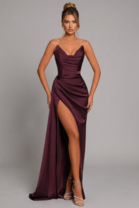 Women's Strapless Ruched Sweetheart High-Slit Maxi Dress
